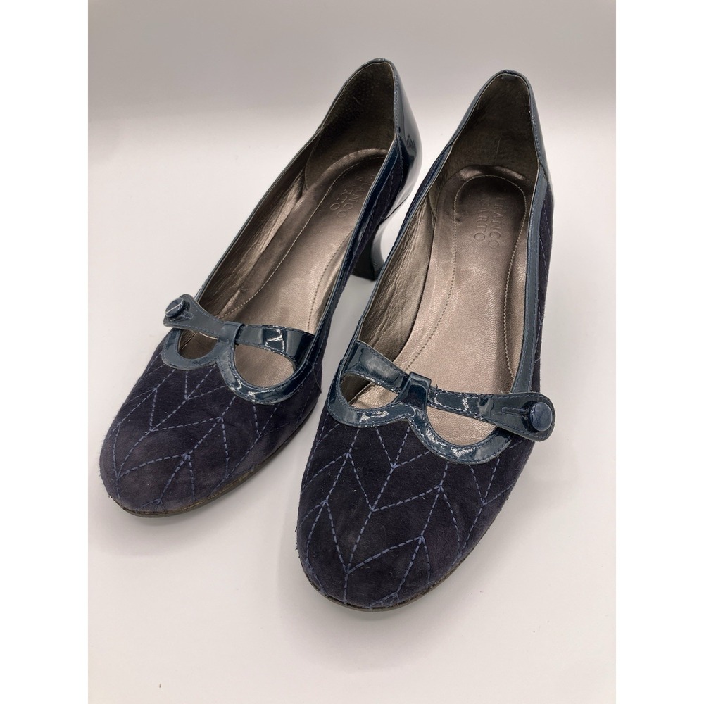 Franco Sarto Leather Mary Jane Kitten Heel Pump Accent Stitching Sz 9M Navy Blue
